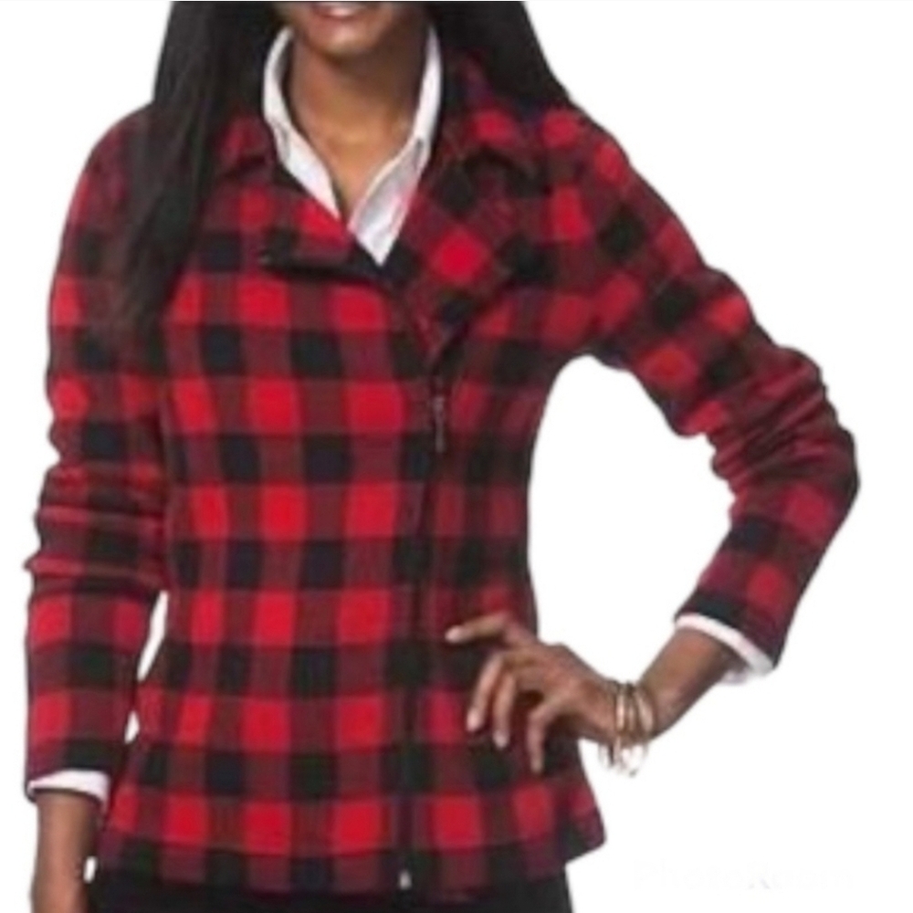 Chaps Red and Black Plaid Wool-Blend Peacoat